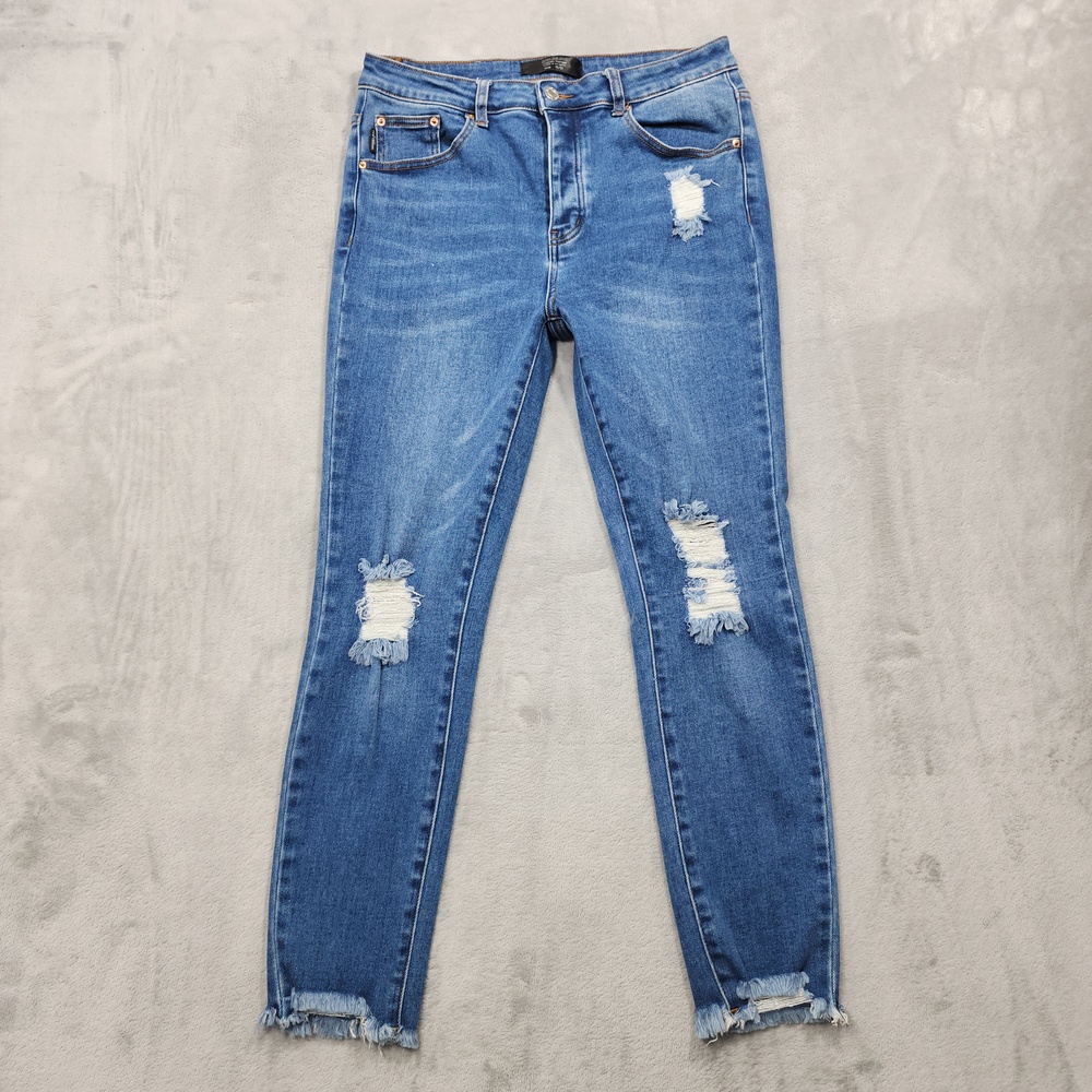 Monkey Ride Jeans Womens 15/32 Juniors Blue Mid Rise Skinny Distressed Frayed